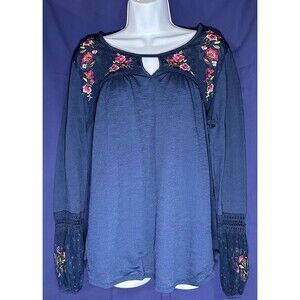 Time and Tru Women's Large Blue Boho Bell Sleeve Embroidered Blouse Size L